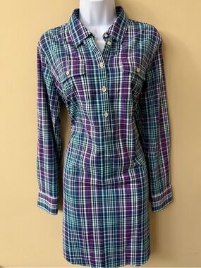 Peter Millar Women’s Tartan Plaid Purple Shirt Dress, Size L Excellent Condition